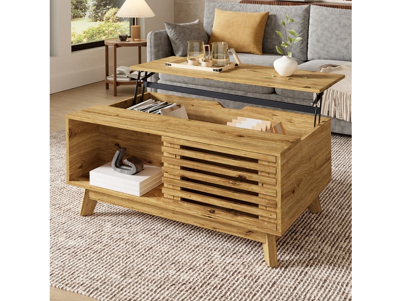  Table basse 90x55 cm, couleur bois, mdf, plateau relevable et rangement modulable, style rétro moderne  - Conforama B