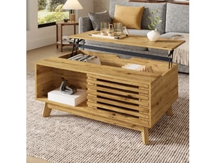 Table basse 90x55 cm, couleur bois, mdf, plateau relevable et rangement modulable, style rétro moderne