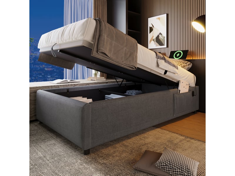  Lit coffre 90x200 cm - lit simple avec coffre de rangement et port usb-c, structure bois et coton, gris, sans tête de lit  - Conforama D