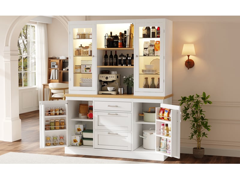  Meuble de cuisine 185 x 140 x 40 cm - 3 tiroirs, plan de travail, étagères réglables, éclairage led pilotable par application, finition noirblancvert.  - Conforama E