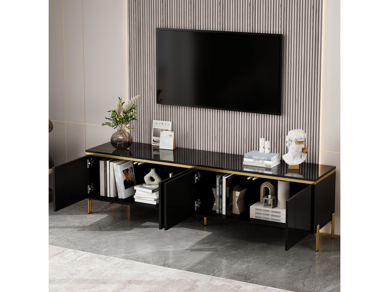  Meuble tv noir brillant 170 cm avec 4 portes et pieds métal doré  - Conforama C
