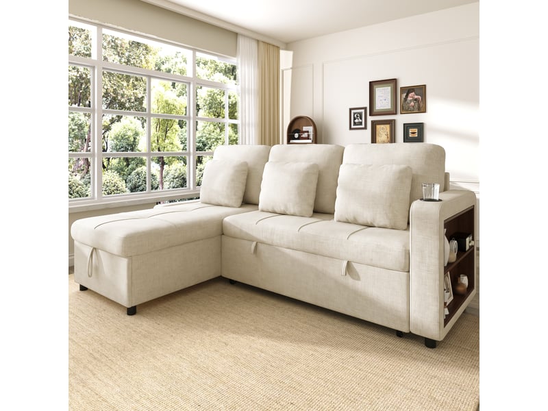 Canapé d'angle convertible 3 places en chenille avec coffre, porte-gobelets et étagère, gris - Conforama E