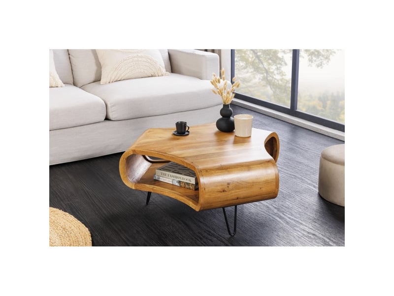 Table basse nera 90 cm en bois massif d'acacia avec niche et pieds métal noir – style rétro industriel - Conforama E