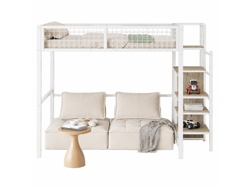  Lit mezzanine 2 places 140 x 200 cm avec échelle de rangement, armoire, étagère et garde-corps intégral, structure en métal blanc, gain de place  - Conforama A