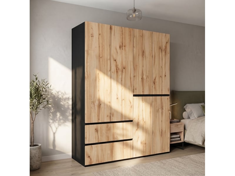  Armoire battante 180x50x200 cm, 2 tringles, 5 tiroirs, mdf, couleur bois et noir  - Conforama E