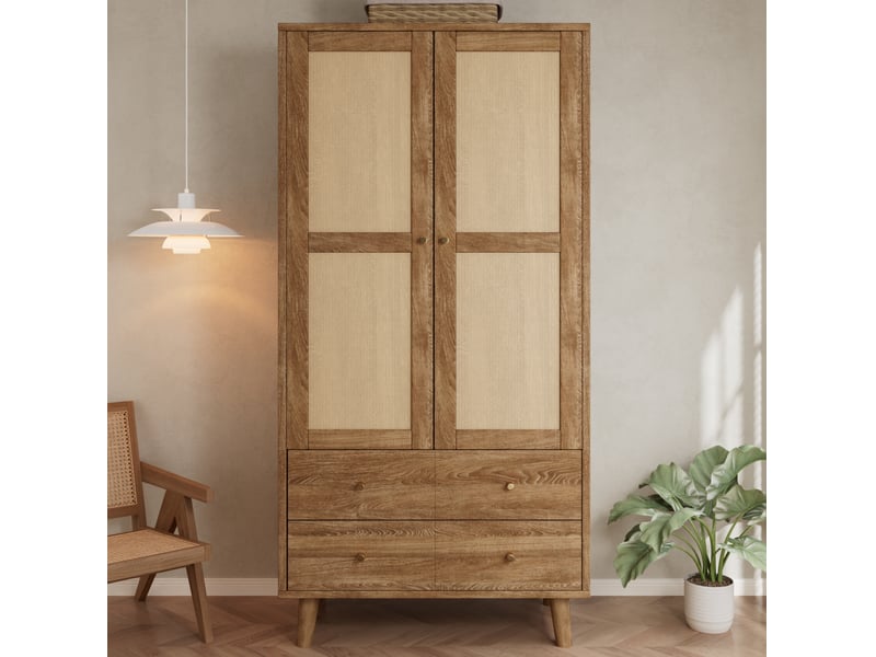  Armoire 80x50x180 cm avec 2 tiroirs et 2 portes en mdf, couleur bois foncé, design naturel, design effet rotin  - Conforama D
