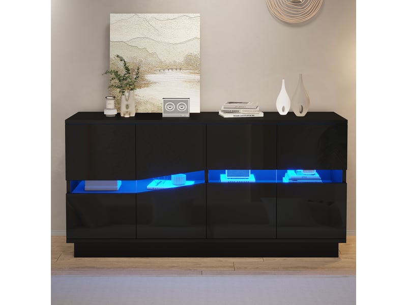  Buffet led 140x35x70 cm - 4 portes push-to-open et étagères réglables - meuble de rangement cuisine et salon - noir CozyNest - Conforama B