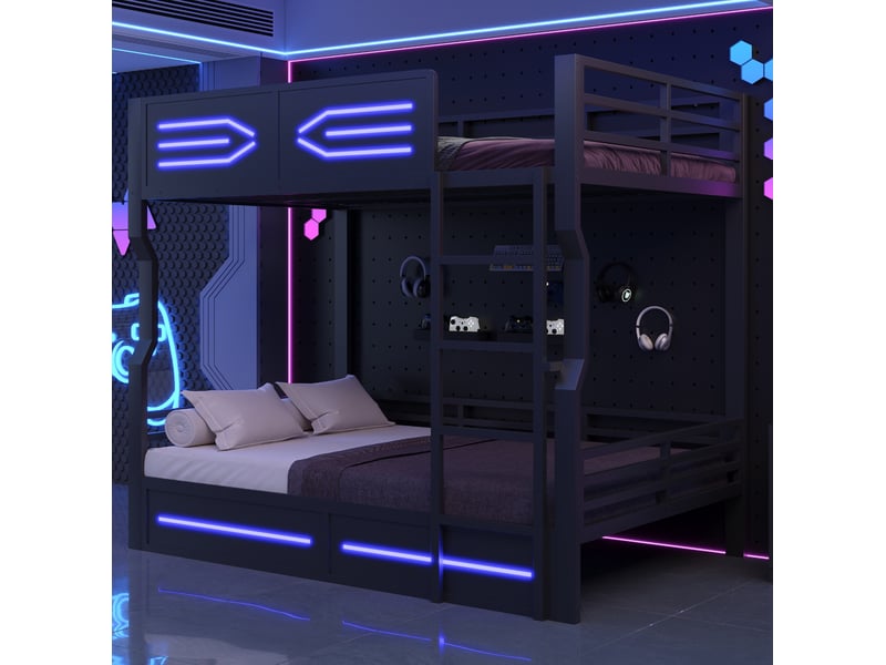  Lit superposé 140 × 200 cm 2 places avec led, escalier et barrières, sans matelas, métal et mdf noir  - Conforama B