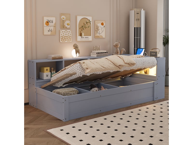  Canapé-lit 90x200 cm, lit enfant, couchage d'appoint, rangement hydraulique, led, bois gris, prise intégrée  - Conforama E