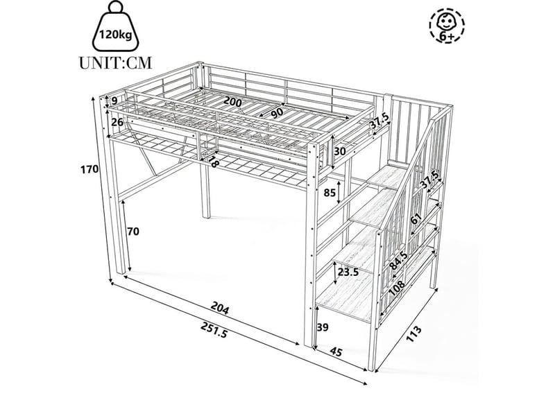  Lit mezzanine 90x200cm en métal avec étagère échelle éléments grille panier rangement ouvert sous le lit bande led sans matelas blanc  - Conforama C