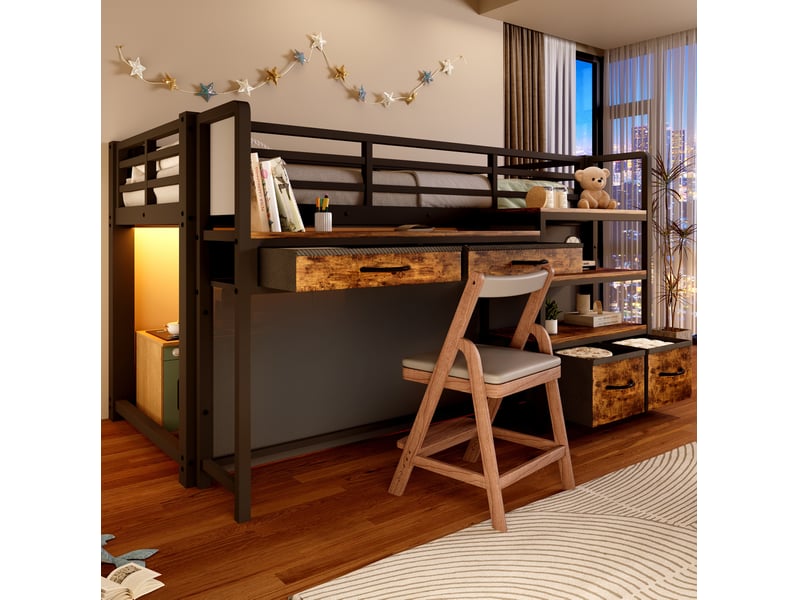  Lit mezzanine enfant 90x200 cm noir en métal avec bureau, rangements, led multicolore, sans matelas  - Conforama E