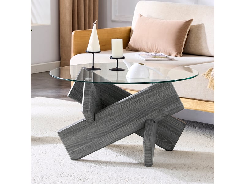  Table basse ronde 79x79x45 cm, meuble de salon, design en croix, plateau en verre, pieds en mdf, gris et transparent  - Conforama B