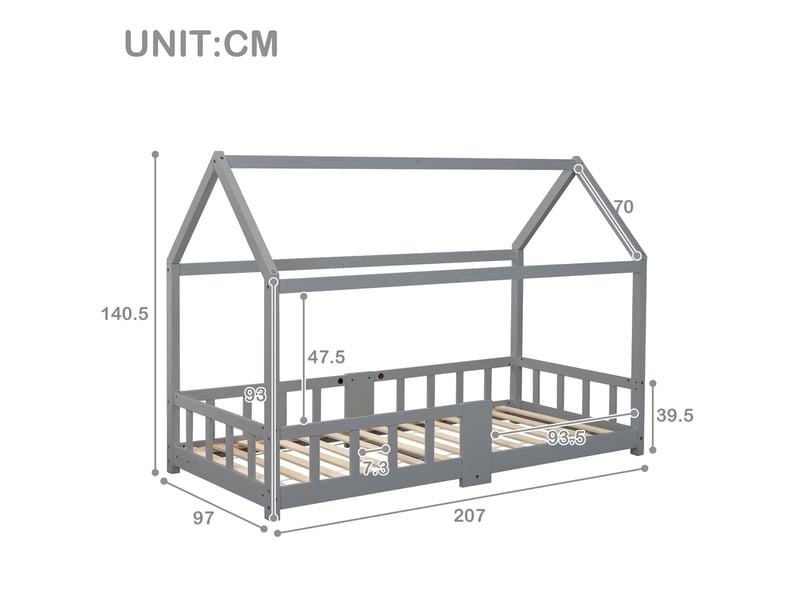 Lit cabane enfant 90x200 cm gris avec tableau et barrière de protection - Conforama E