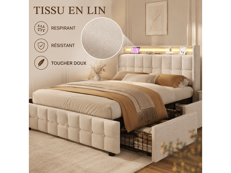  Lit adulte 160x200 avec 4 tiroirs - charge usb et led intégré - lit double avec sommier à lattes  et tête de lit capitonné - lit coffre rembourré avec rangement - cadre de lit - structure de lit ado - 2 personnesplaces - tissu e…  - Conforama D