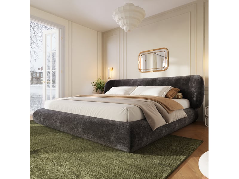  Lit rembourré 140 × 190 cm 2 places avec tête de lit et bords arrondis, sans matelas, en chenille grise  - Conforama C