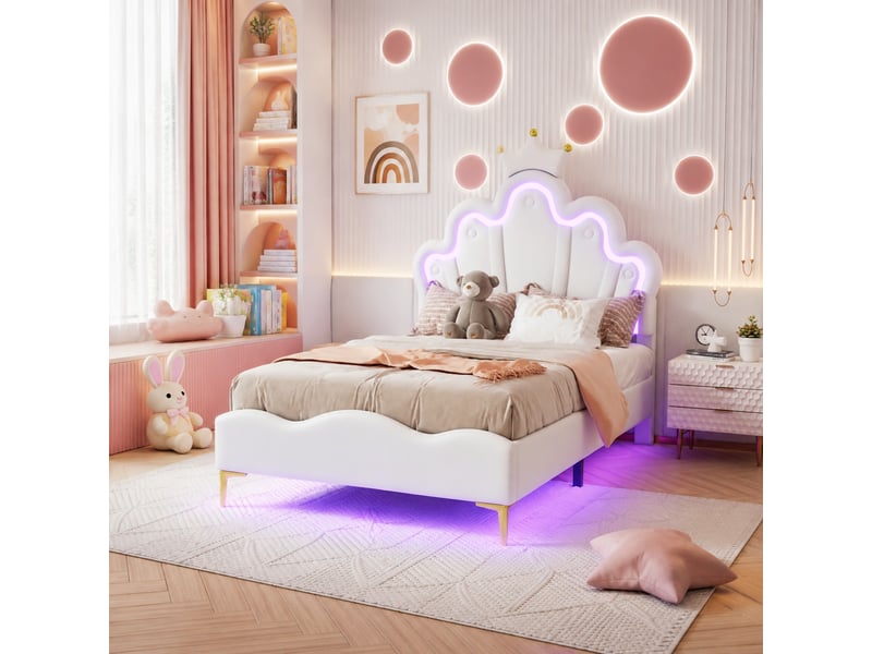  Lit enfant princesse 90x200 cm avec led, similicuir pu blanc  - Conforama B