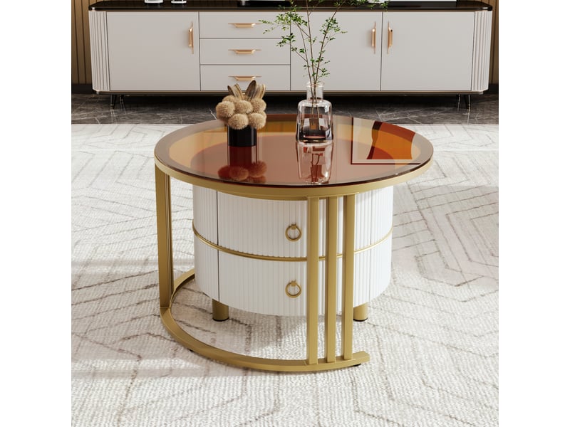 Table basse moderne ronde avec tiroirs, ensemble gigogne 2-en-1 en mdf, métal et verre trempé, blanc et brun, 70x70x45 + 50x50x40 cm - Conforama D