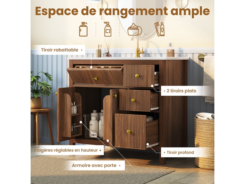  Meuble de salle de bain 91 cm avec vasque céramique, façade ondulée, noyer, portes soft-close  - Conforama D