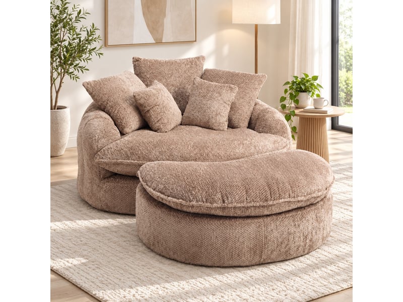  Fauteuil lounge géant 190,5 x 138 x 63 cm café, mousse et tissu polyester, dossier réglable et coussin  - Conforama D