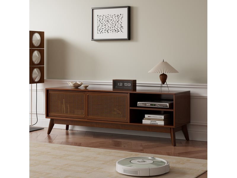  Meuble tv 161.42x48.98x20.14 cm avec portes en rotin, bois et mdf coloris noyer  - Conforama C