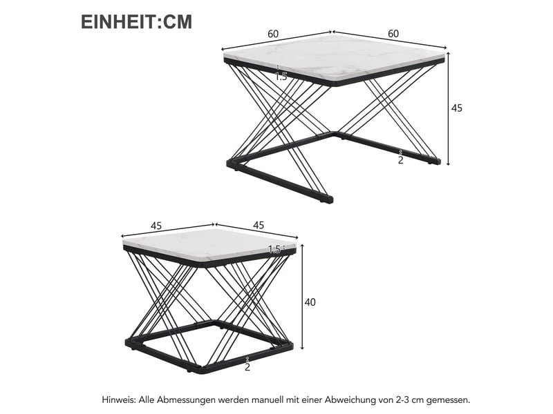  Tables basses gigognes avec 2 tables carrées et pieds réglables, effet marbre brillant, en mdf, noir blanc - uvrion  - Conforama E