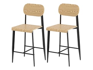 Tabourets de bar lot de 2 avec dossier, repose-pieds et patins réglables en acier noir et panneau aspect bois naturel