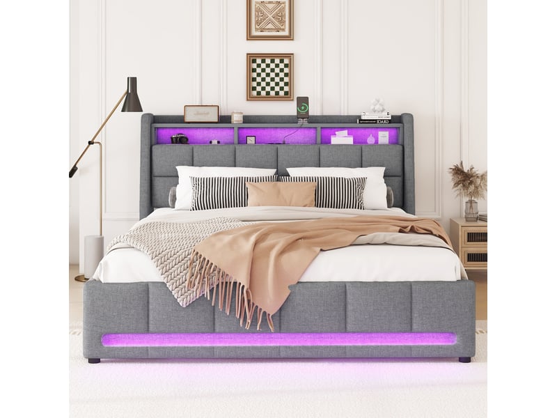  Lit 2 places 140x200 cm avec rangement, led et usb gris  - Conforama B