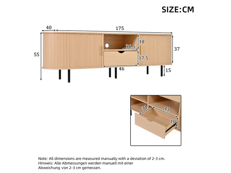  Meuble tv 175 cm naturel, porte coulissante à lamelles, tiroir et niches ouvertes Fay Lum - Conforama C