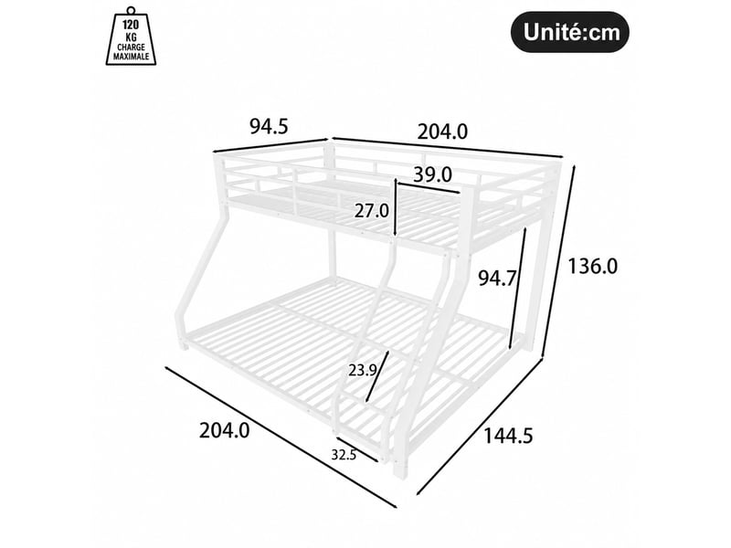  Lit superposé, lit 3 places en métal blanc avec échelle et barrière, 200x90 cm et 200x140 cm, sans matelas  - Conforama D