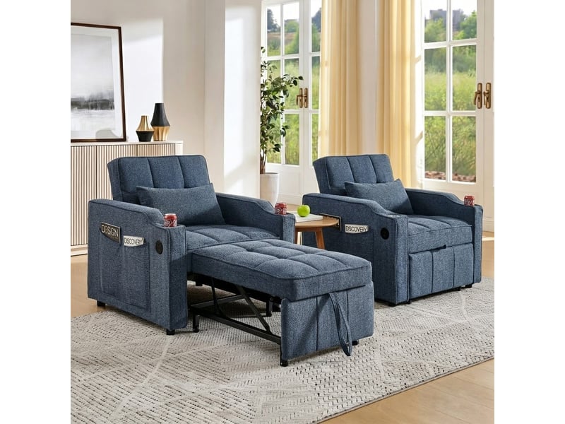 Fauteuil convertible modenvie 190 cm avec usb et usb-c, porte-gobelet en acier inoxydable, dossier 3 positions, bleu marine  - Conforama E