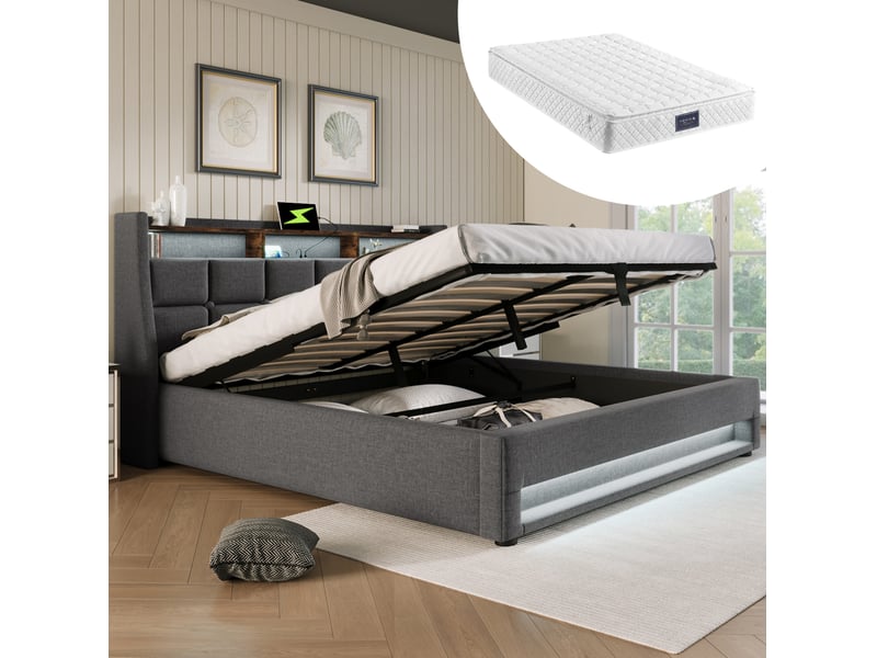  Lit coffre tcqpz 160 x 200 cm avec usb et led gris en lin sommier à lattes cadre métal  - Conforama B