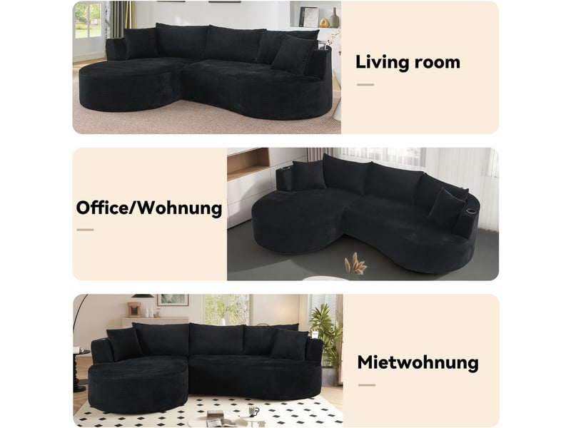  Canapé droit 3 places en arc avec porte-gobelets intégrés  - coussins, velours côtelé - noir  - Conforama E