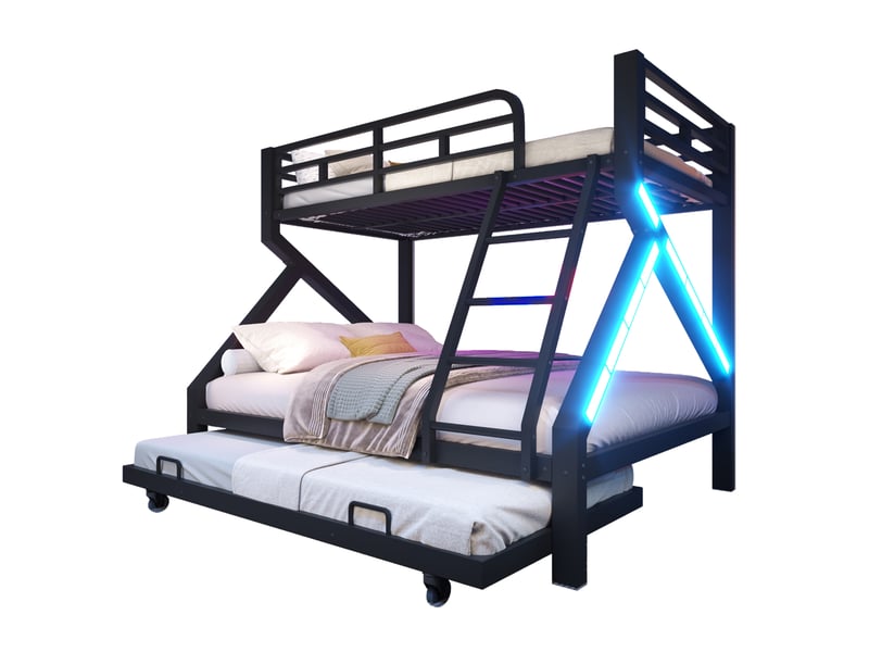  Lit superposé 90x200140x200 cm, 3 couchages avec lit gigogne 90x190 cm, led, garde-corps, échelle, métal et mdf noir, gain de place pour enfants  - Conforama A