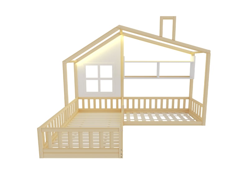  Lit cabane enfant 90x200 et 140x70 cm – bois naturel – led, étagères intégrées et sécurité - sans matelas  - Conforama E
