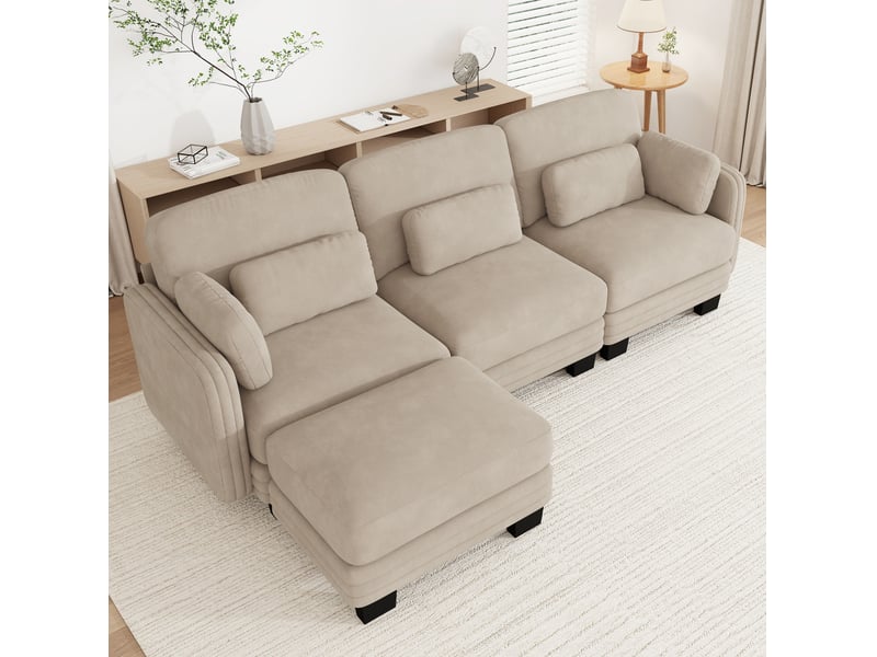  Canapé d’angle modulable 3 places en chenille café clair avec ottomane  - Conforama E