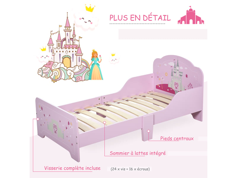  Lit enfant 140 x 70 cm - lit d'enfant design princesse motif château - mdf contre-plaqué rose - sommier à lattes inclus  - Conforama R