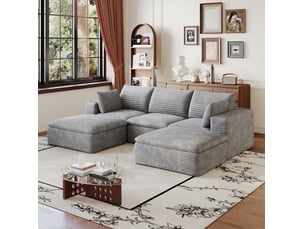 Canapé modulable 5 places 260 cm en tissu velours côtelé gris, design double couche, coussins déhoussables, sans montage