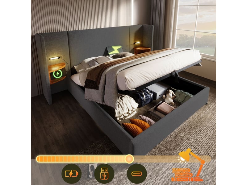 Lit coffre 180x200cm avec table de chevet intégrée - lit rembourré - lampe tactile, ports usb, rangement hydraulique, lin gris  - Conforama D