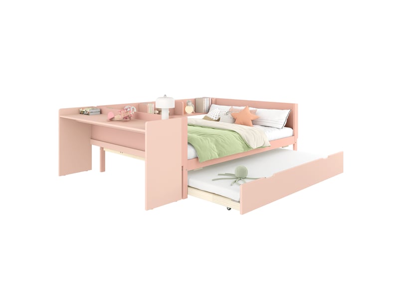 Lit 2 personnes en bois 140 x 200 cm avec bureau, lit enfant avec lit gigogne, lit double avec étagères, pin + panneaux, rose - Conforama R