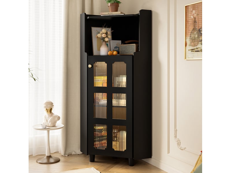  Meuble d'angle led avec niche ouverte et vitrine à 2 portes, contrôlé par application, pour salon, noir, 63,5 × 124 cm  - Conforama C
