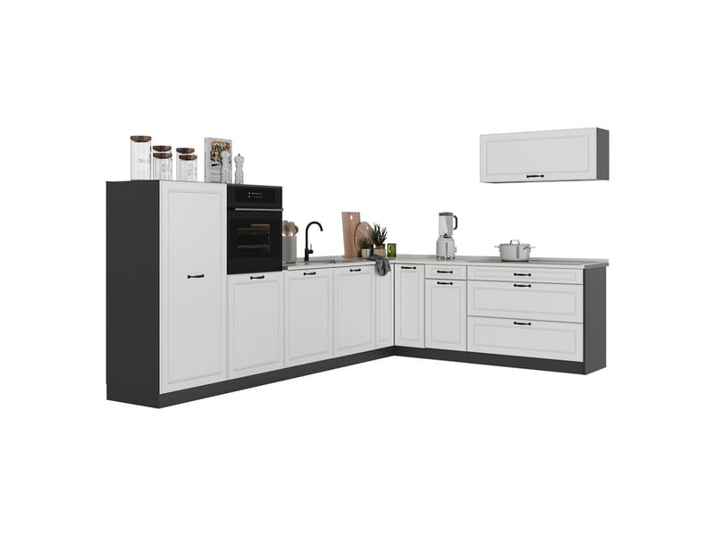  Vicco cuisine en angle, blanc campagneanthracite, 327 x cm plan de travail chêne doré  - Conforama E