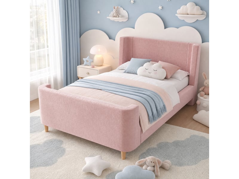  Lit enfant traîneau 90x200 cm en velours rose à motifs cosmiques  - Conforama B