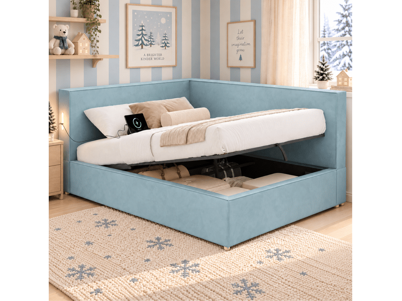 Lit coffre 140x200 cm, sommier à lattes, ouverture hydraulique, led, usb et usb-c, velours bleu, sans matelas - Conforama B