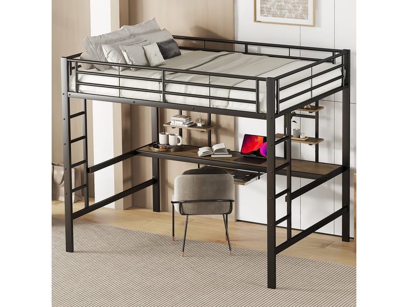  Lit en hauteur, 140x200 cm, lit en hauteur, avec bureau, deux bibliothèques, matelas non inclus, métal, coloris noir  - Conforama B
