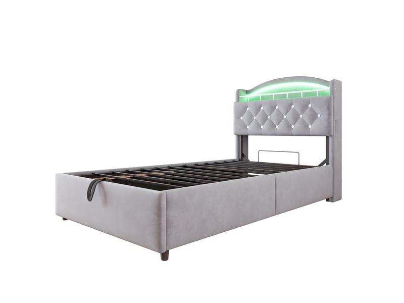  Lit coffre 90 × 200 cm led, rangements en tissu - gris C-CRAFTLINK - Conforama A