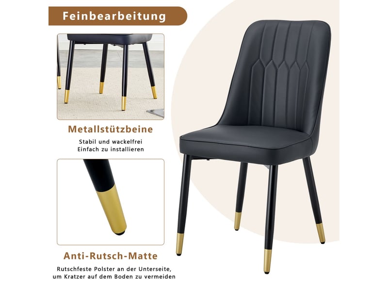  Chaise de salle à manger style moderne dossier rembourré revêtement en similicuir pu coloris noir usage polyvalent pieds en métal noir chaise de cuisine  - Conforama E