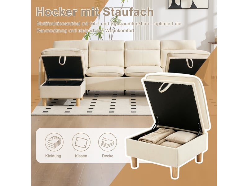  Grand canapé en u avec 2 poufs à rangement, modulable 4 places, pieds en bois, chenille beige  - Conforama D
