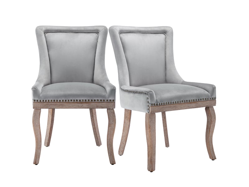  Lot de 2 chaises de salle à manger 55x61x91 cm gris en velours, dossier incurvé et pieds en bois  - Conforama D