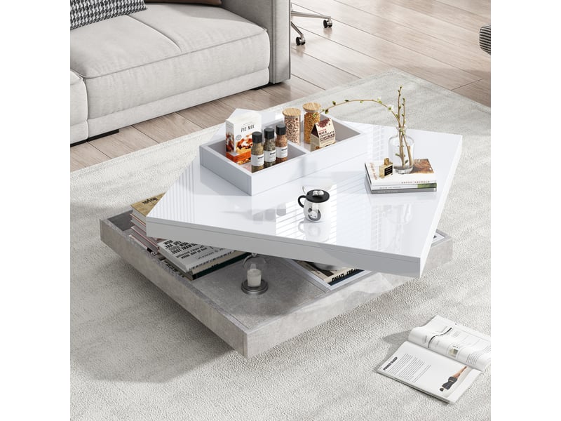  Table basse double plateau rotative 360° blanche brillante effet marbre avec rangement 70x70cm  - Conforama E