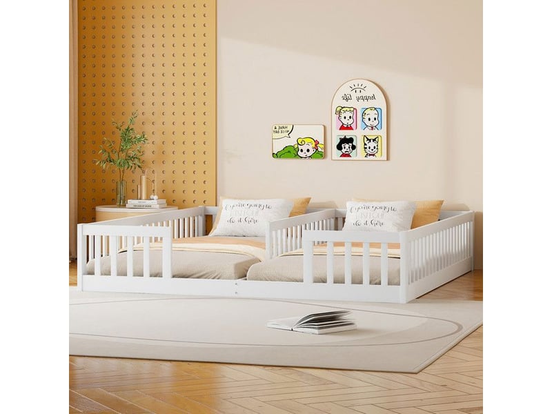  Lit enfant avec garde-corps - 90x200 cm - blanc - bois de pin - sommier à lattes - barrières de sécurité CYQ-N636P206438K - Conforama C